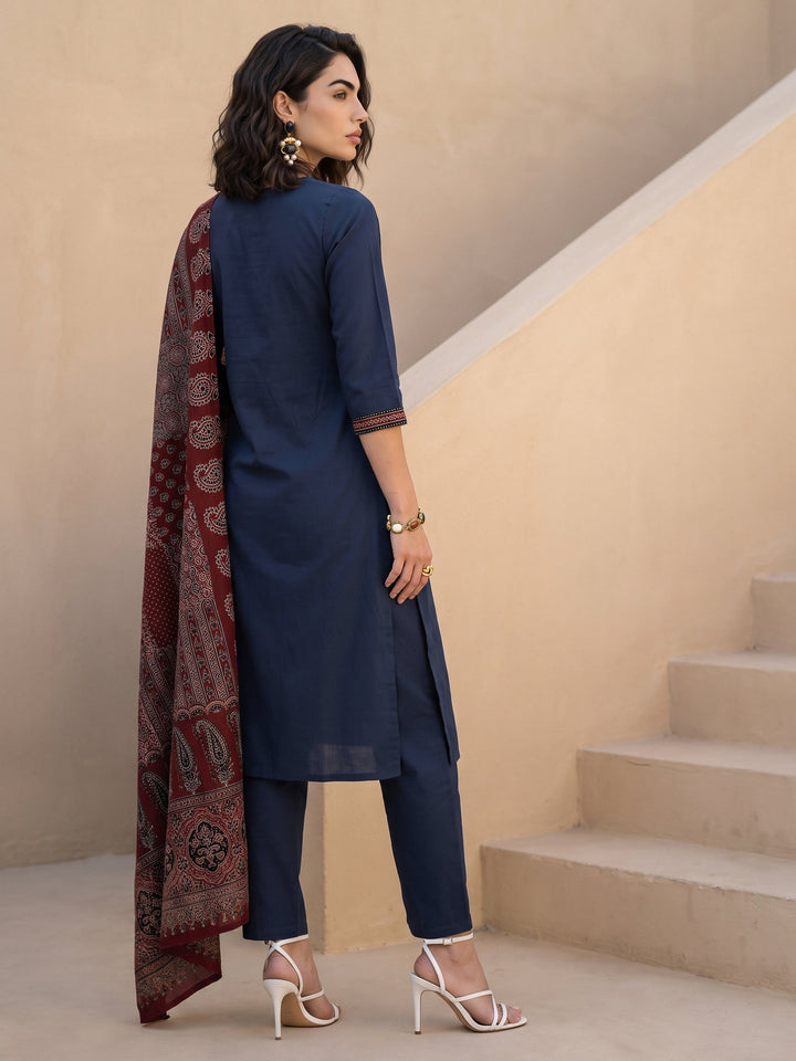 Libas Blue Yoke Design Ajrakh Cotton Straight Suit Set