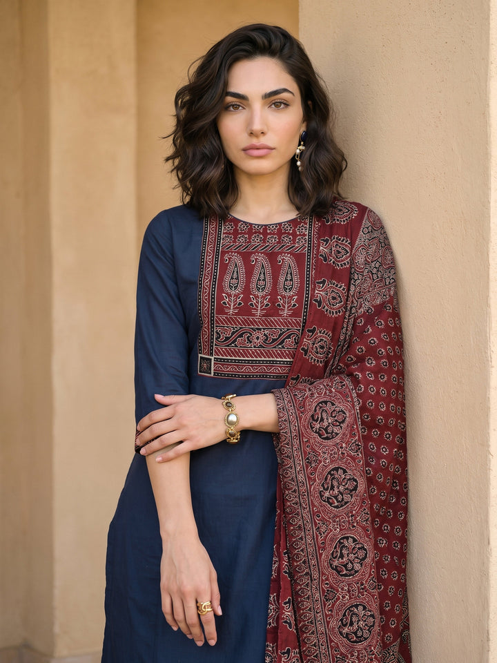 Libas Blue Yoke Design Ajrakh Cotton Straight Suit Set
