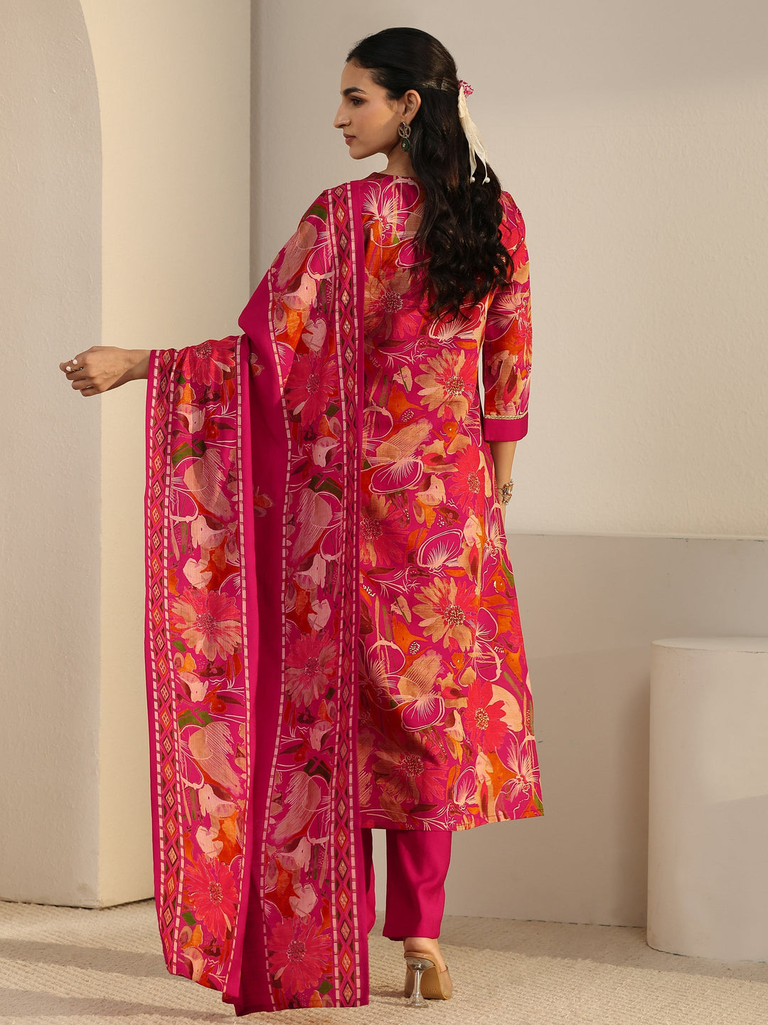 Libas Pink Floral Printed Cotton Blend Straight Suit Set