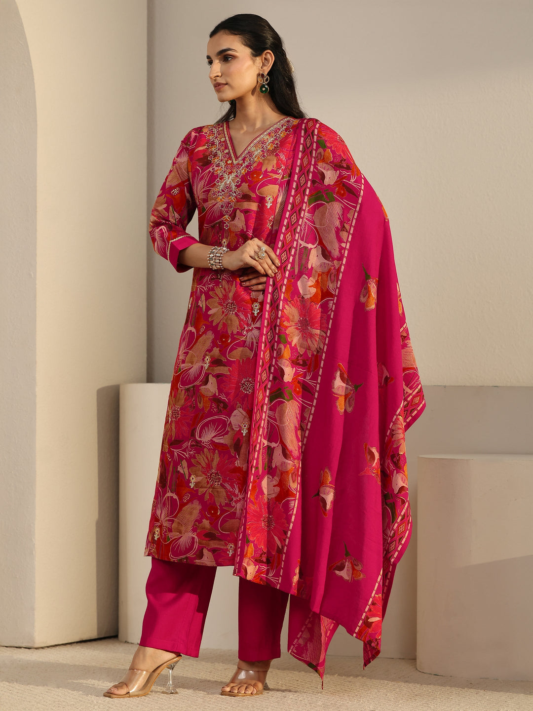 Libas Pink Floral Printed Cotton Blend Straight Suit Set