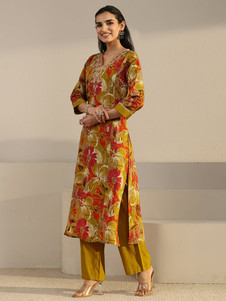 Libas Mustard Floral Printed Cotton Blend Straight Suit Set