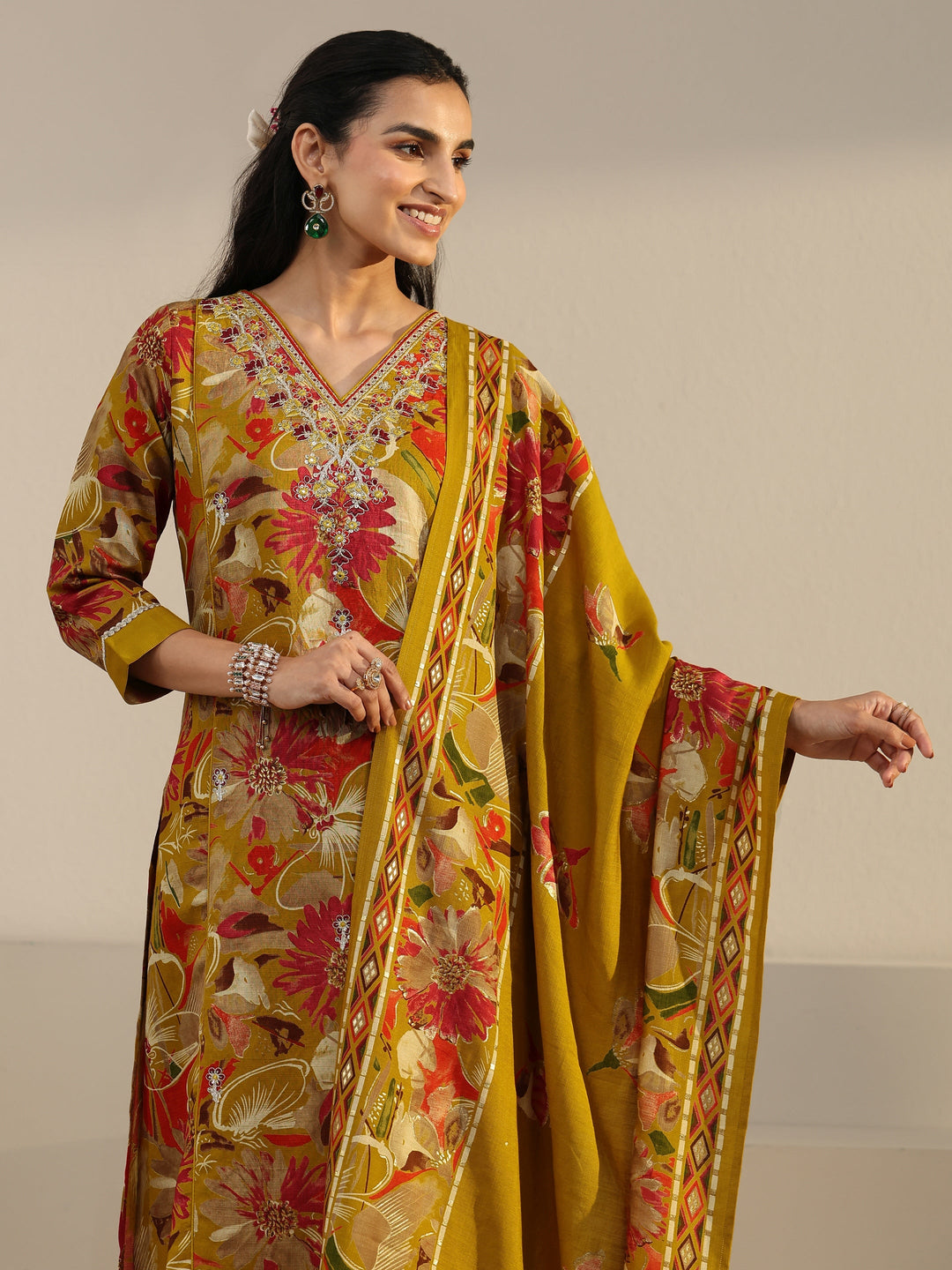 Libas Mustard Floral Printed Cotton Blend Straight Suit Set