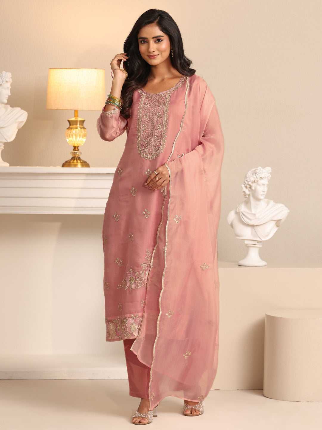 Libas Soft Pink Floral Embroidered Organza Straight Suit Set