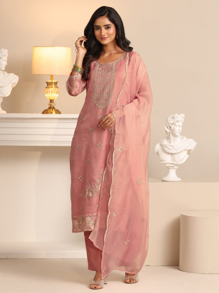 Libas Soft Pink Floral Embroidered Organza Straight Suit Set