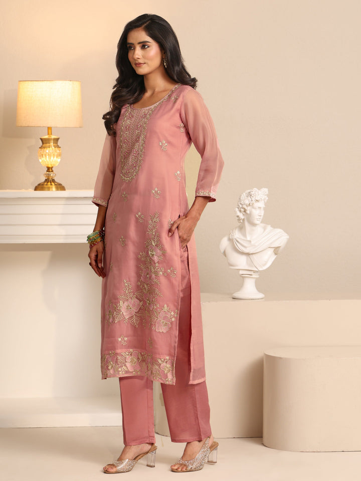 Libas Soft Pink Floral Embroidered Organza Straight Suit Set