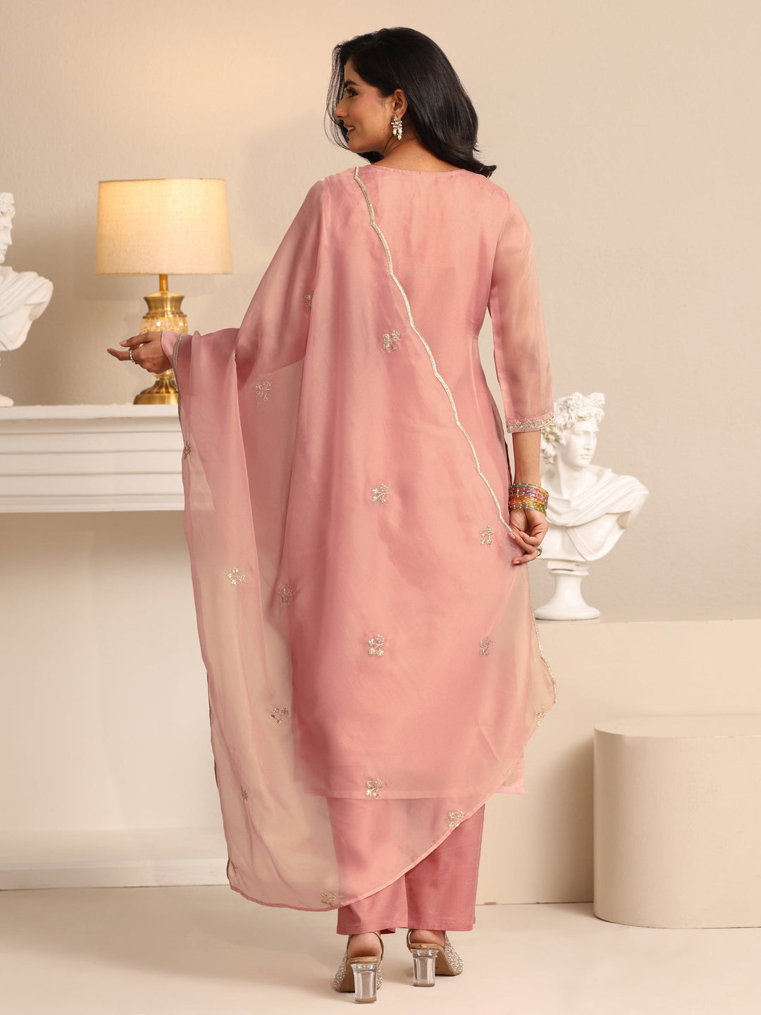 Libas Soft Pink Floral Embroidered Organza Straight Suit Set