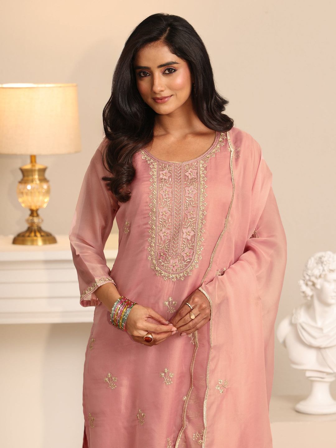 Libas Soft Pink Floral Embroidered Organza Straight Suit Set