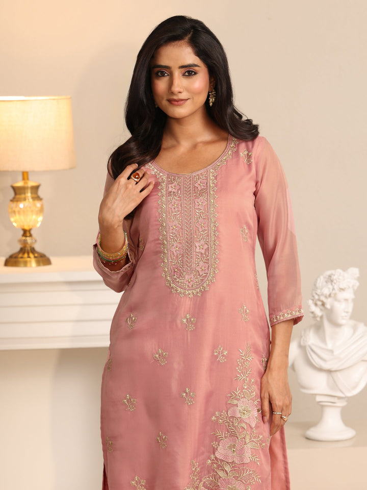 Libas Soft Pink Floral Embroidered Organza Straight Suit Set