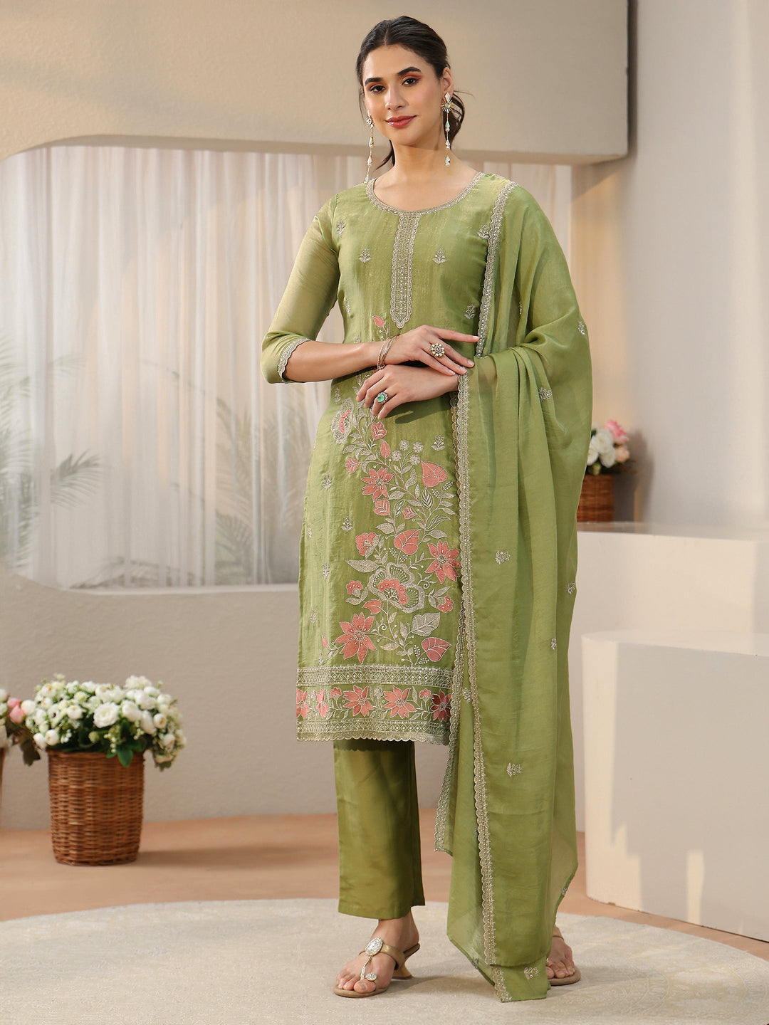Libas Moss Green Floral Embroidered Tissue Straight Suit Set