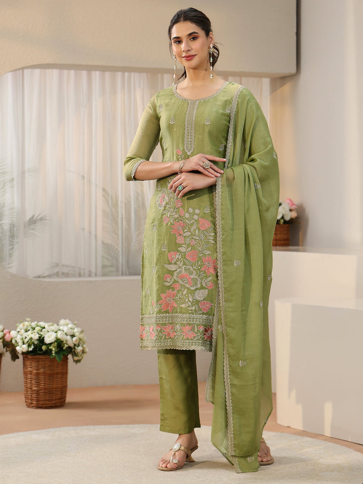 Libas Moss Green Floral Embroidered Tissue Straight Suit Set