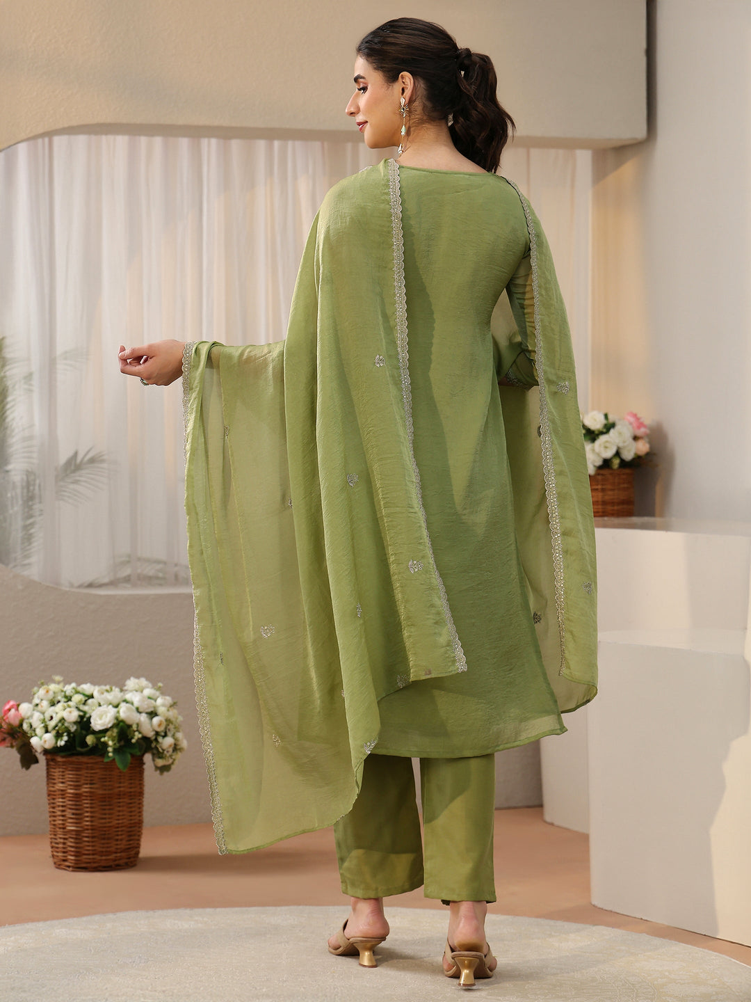 Libas Moss Green Floral Embroidered Tissue Straight Suit Set