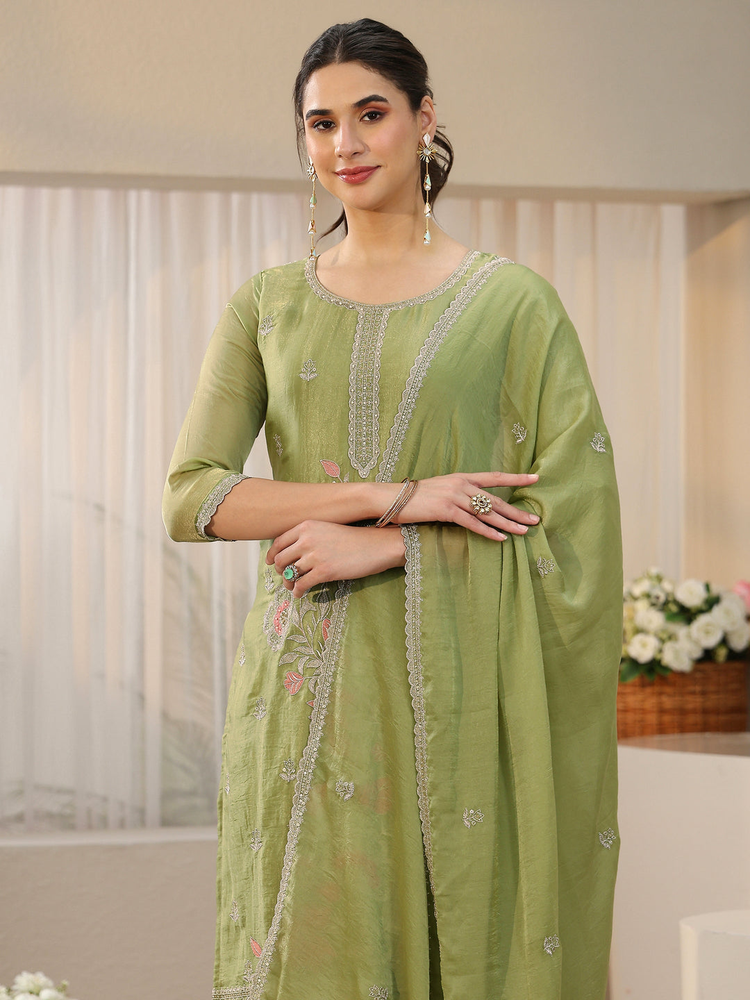 Libas Moss Green Floral Embroidered Tissue Straight Suit Set
