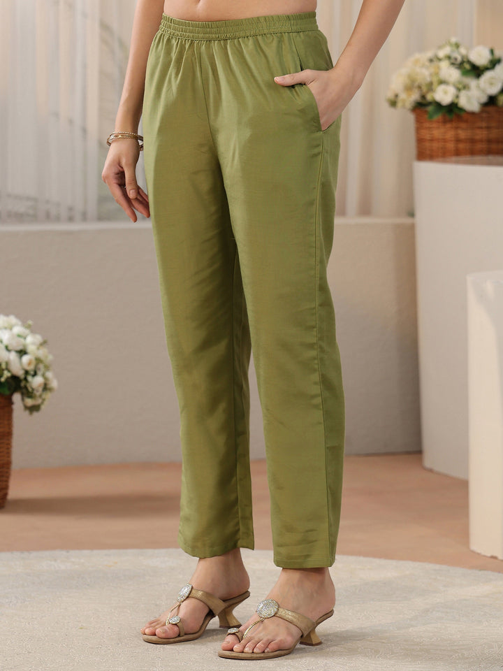 Libas Moss Green Floral Embroidered Tissue Straight Suit Set