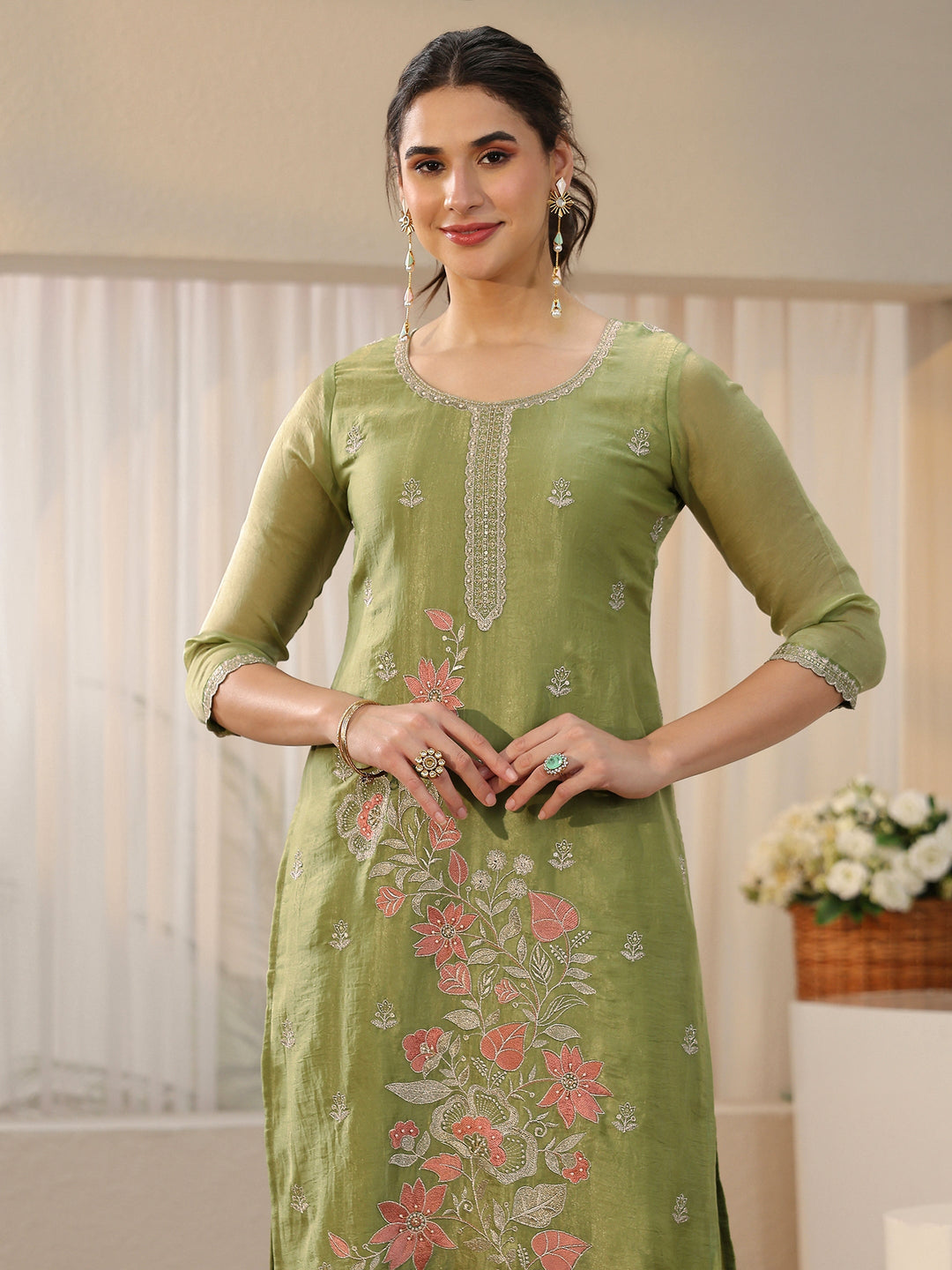 Libas Moss Green Floral Embroidered Tissue Straight Suit Set