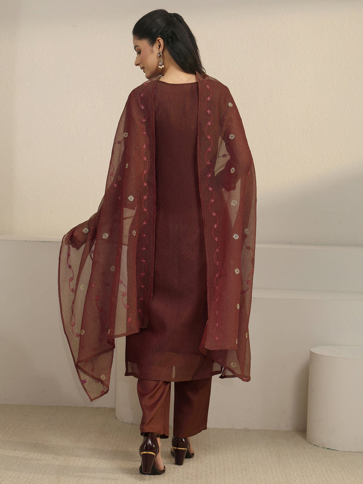Libas Chocolate Brown Floral Embroidered Tissue Straight Suit Set