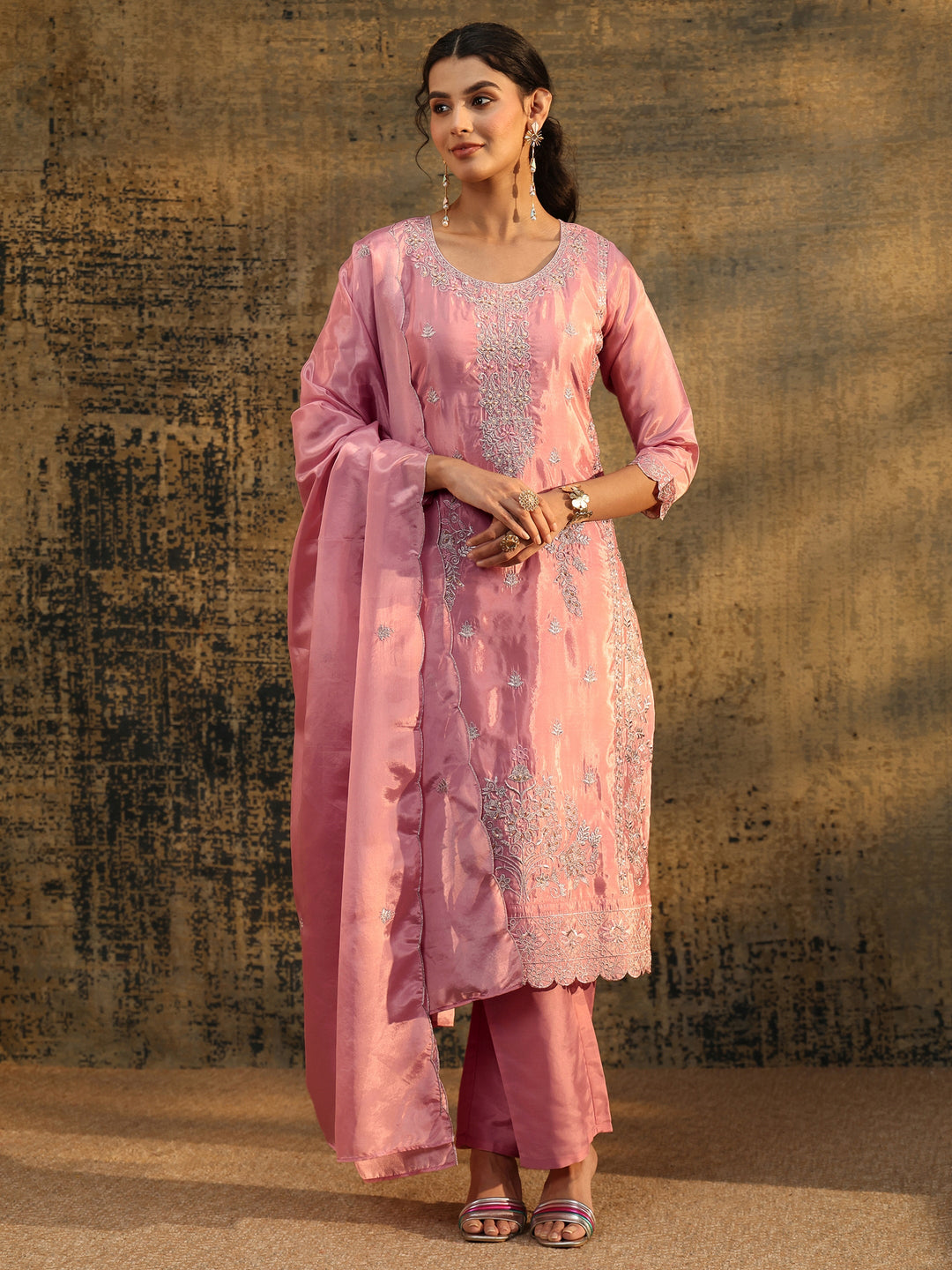 Libas Dusty Rose Floral Embroidered Organza Straight Suit Set