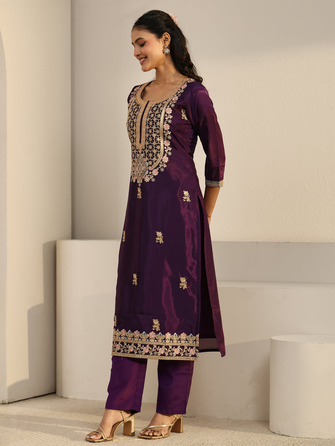Libas Aubergine Purple Floral Embroidered Organza Straight Suit Set