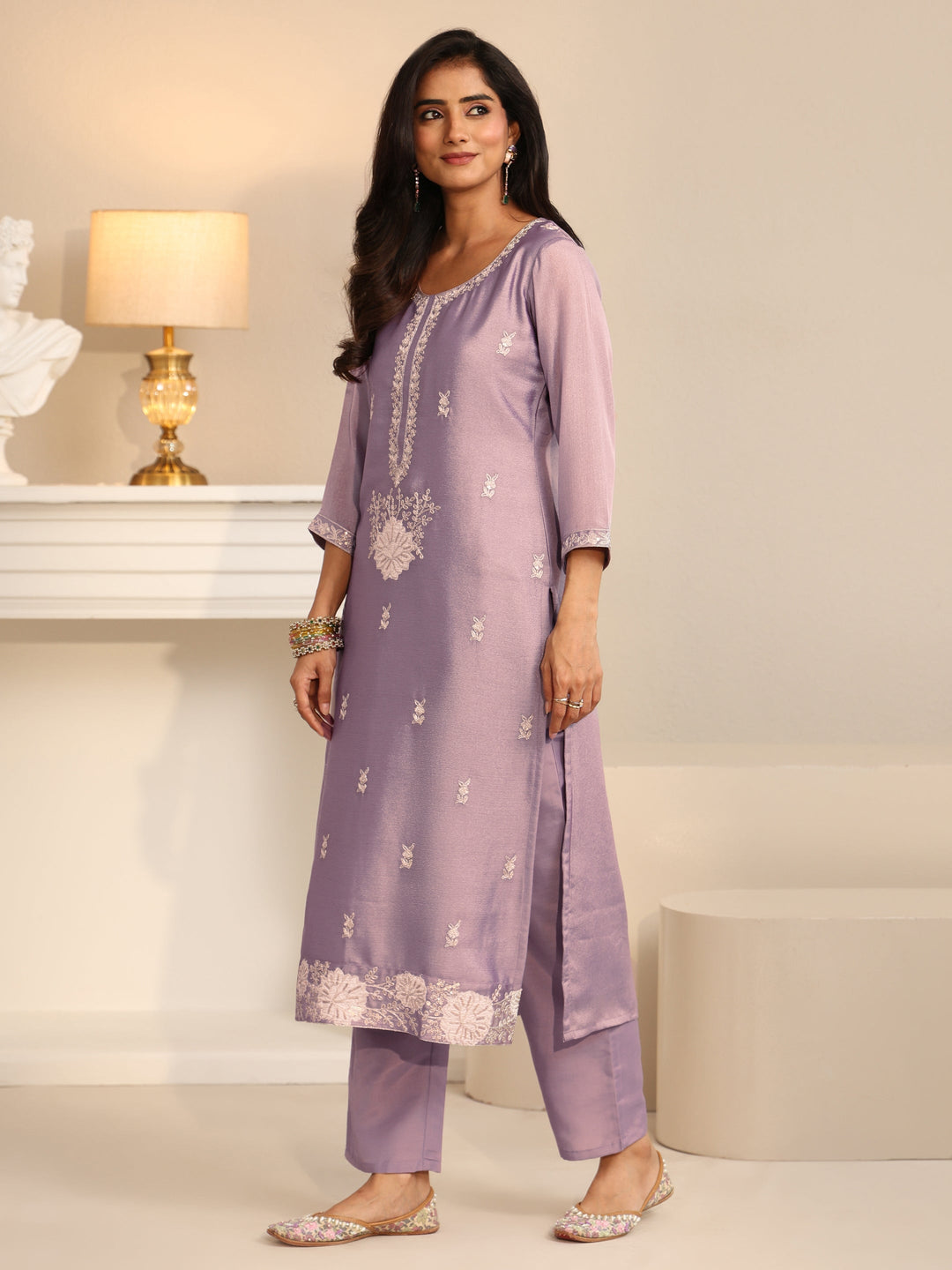 Libas Lavender Floral Embroidered Silk Blend Straight Suit Set