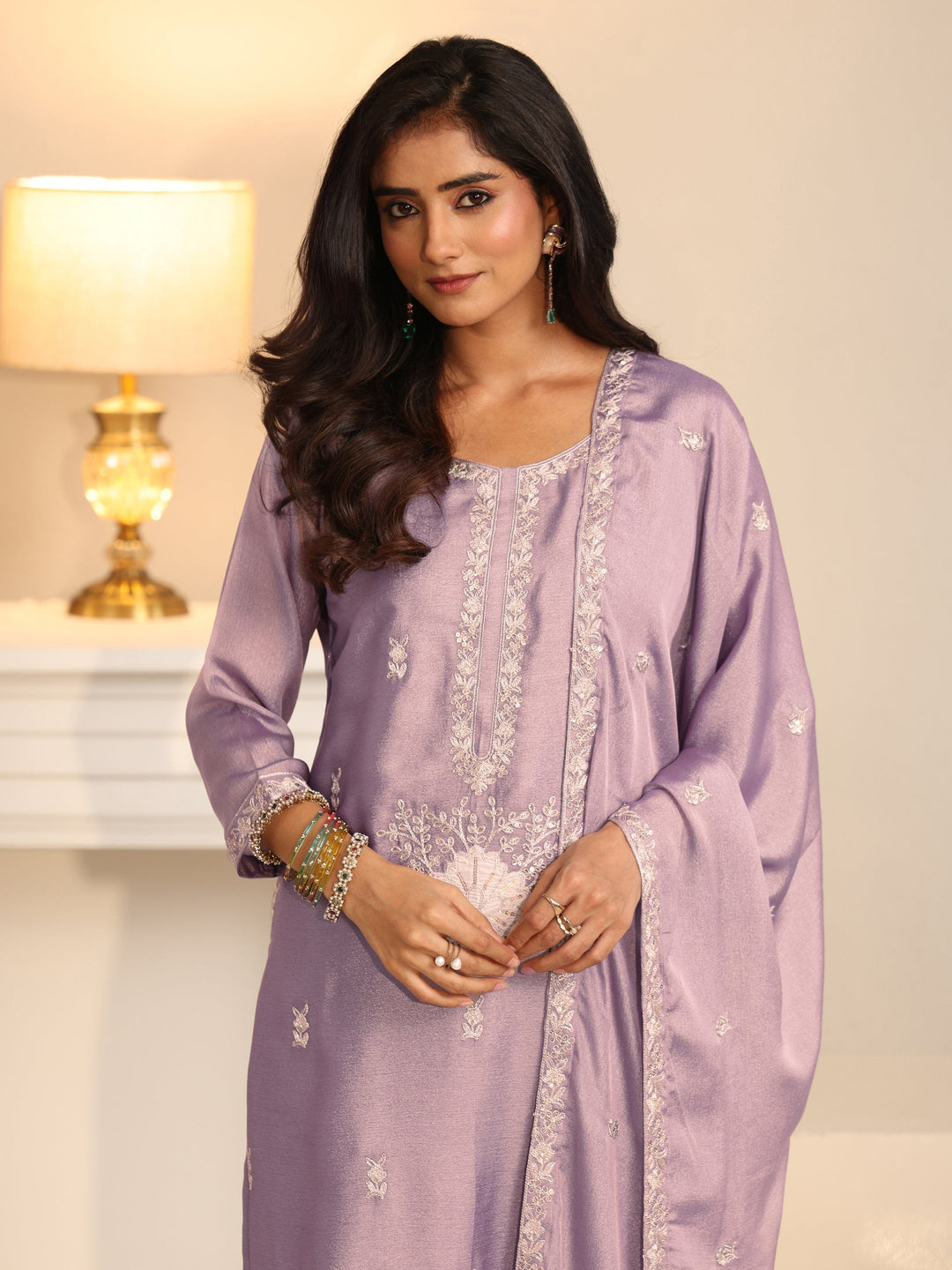 Libas Lavender Floral Embroidered Silk Blend Straight Suit Set