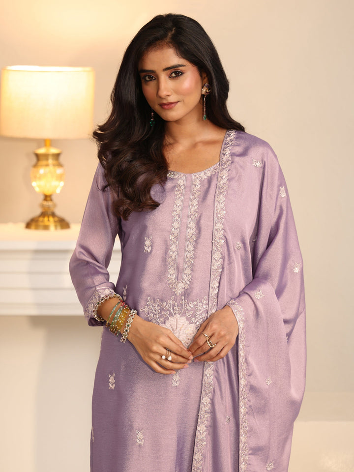 Libas Lavender Floral Embroidered Silk Blend Straight Suit Set