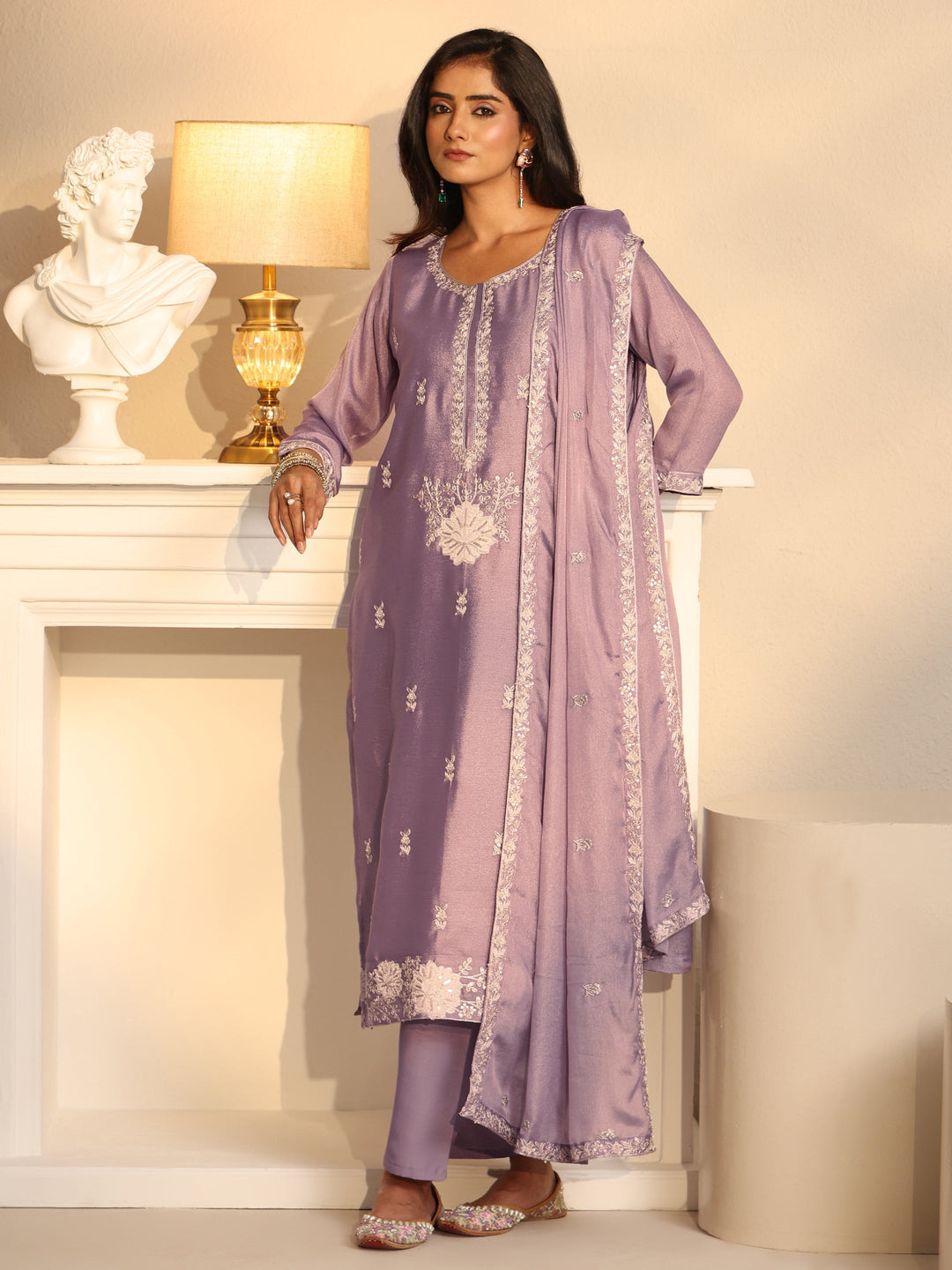Libas Lavender Floral Embroidered Silk Blend Straight Suit Set