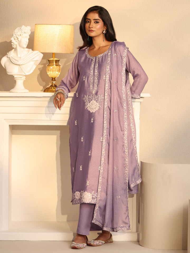 Libas Lavender Floral Embroidered Silk Blend Straight Suit Set