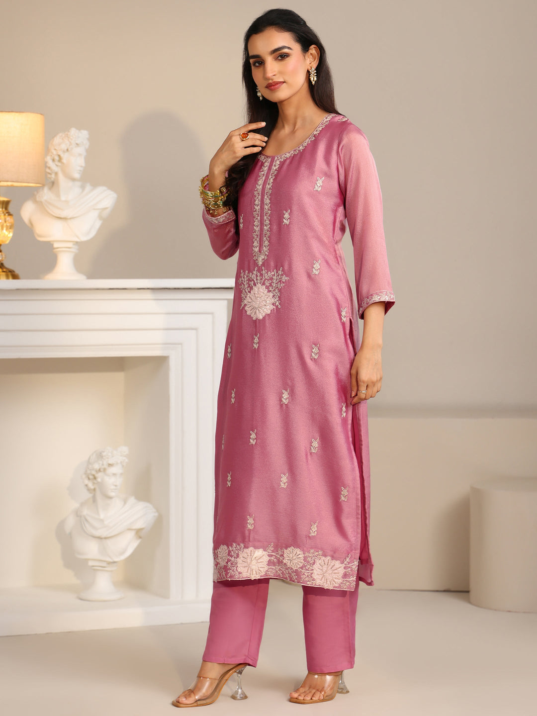 Libas Dusty Rose Pink Floral Embroidered Silk Blend Straight Suit Set