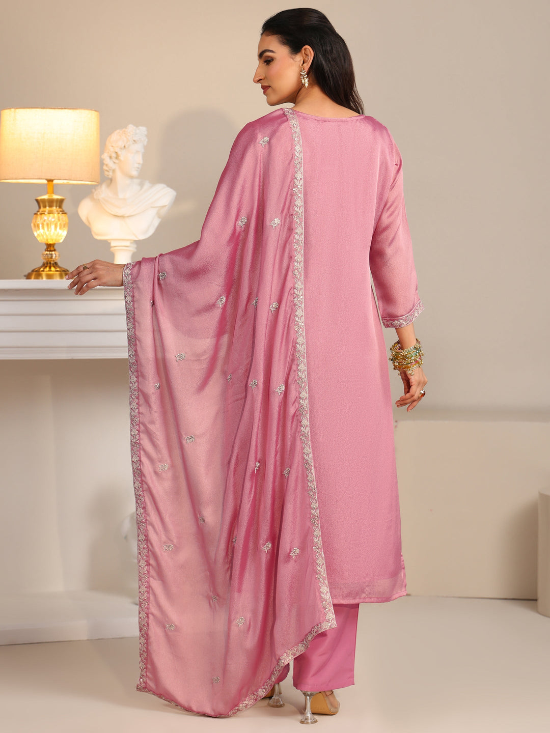 Libas Dusty Rose Pink Floral Embroidered Silk Blend Straight Suit Set