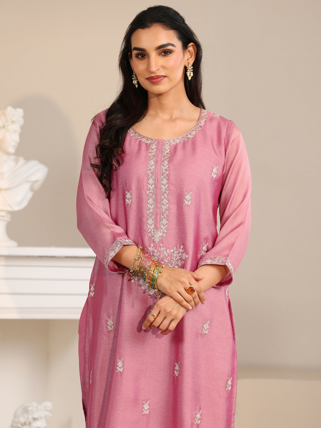Libas Dusty Rose Pink Floral Embroidered Silk Blend Straight Suit Set