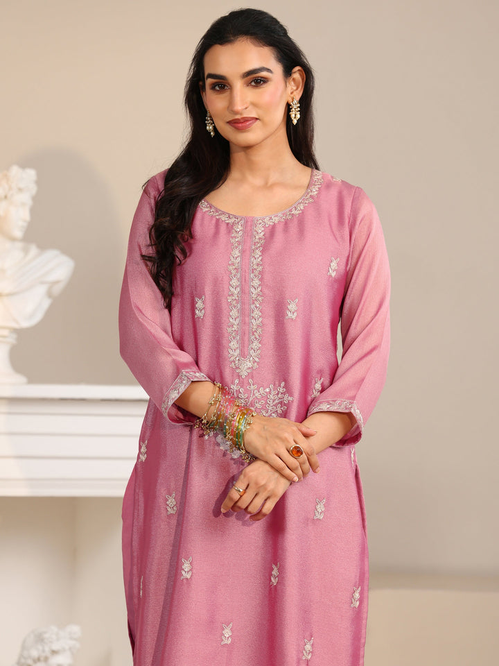Libas Dusty Rose Pink Floral Embroidered Silk Blend Straight Suit Set