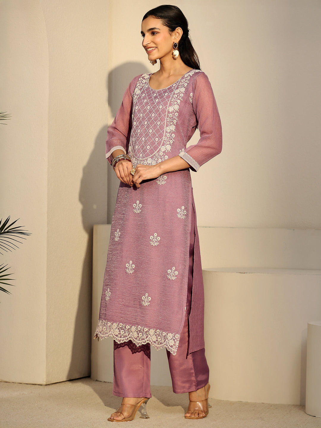 Libas Lavender Floral Embroidered Chiffon Straight Suit Set