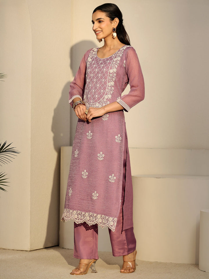 Libas Lavender Floral Embroidered Chiffon Straight Suit Set