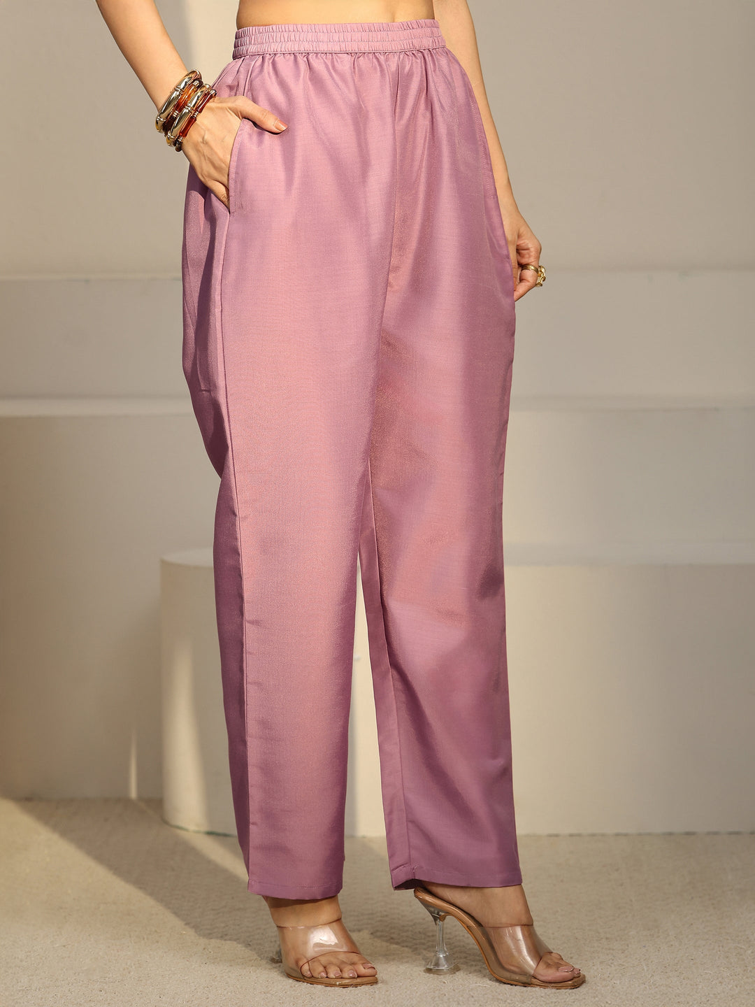 Libas Lavender Floral Embroidered Chiffon Straight Suit Set