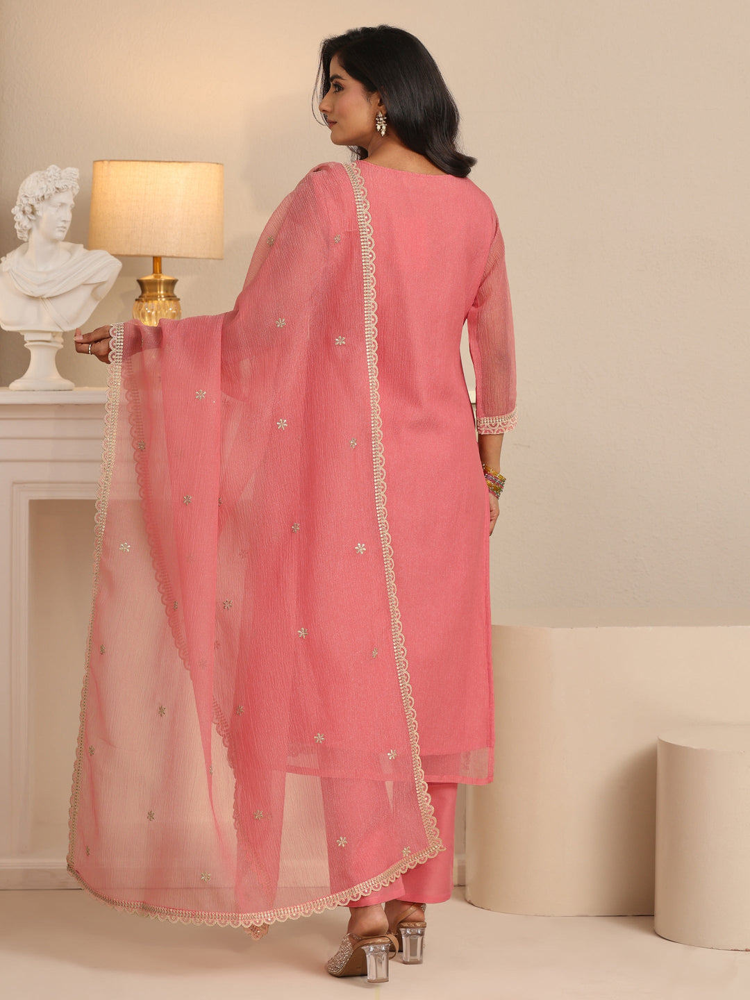 Libas Peach Orange Floral Embroidered Chiffon Straight Suit Set