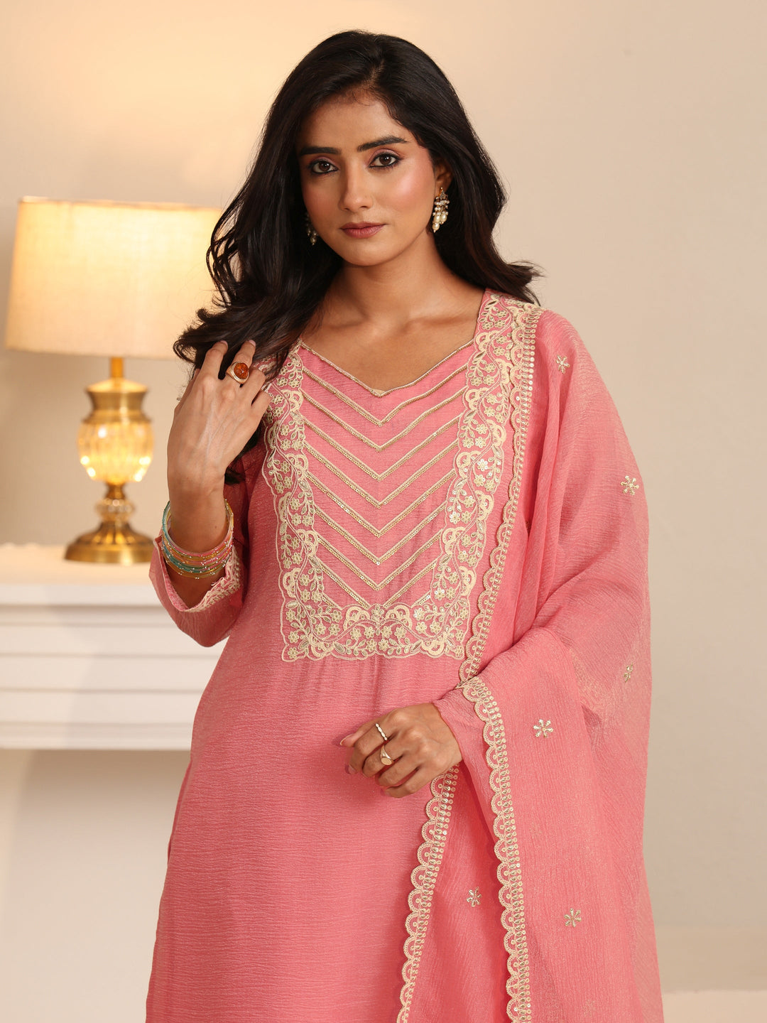 Libas Peach Orange Floral Embroidered Chiffon Straight Suit Set