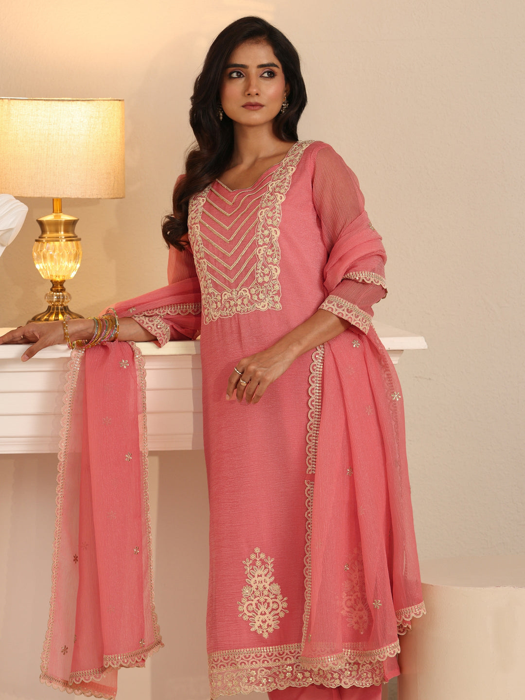 Libas Peach Orange Floral Embroidered Chiffon Straight Suit Set
