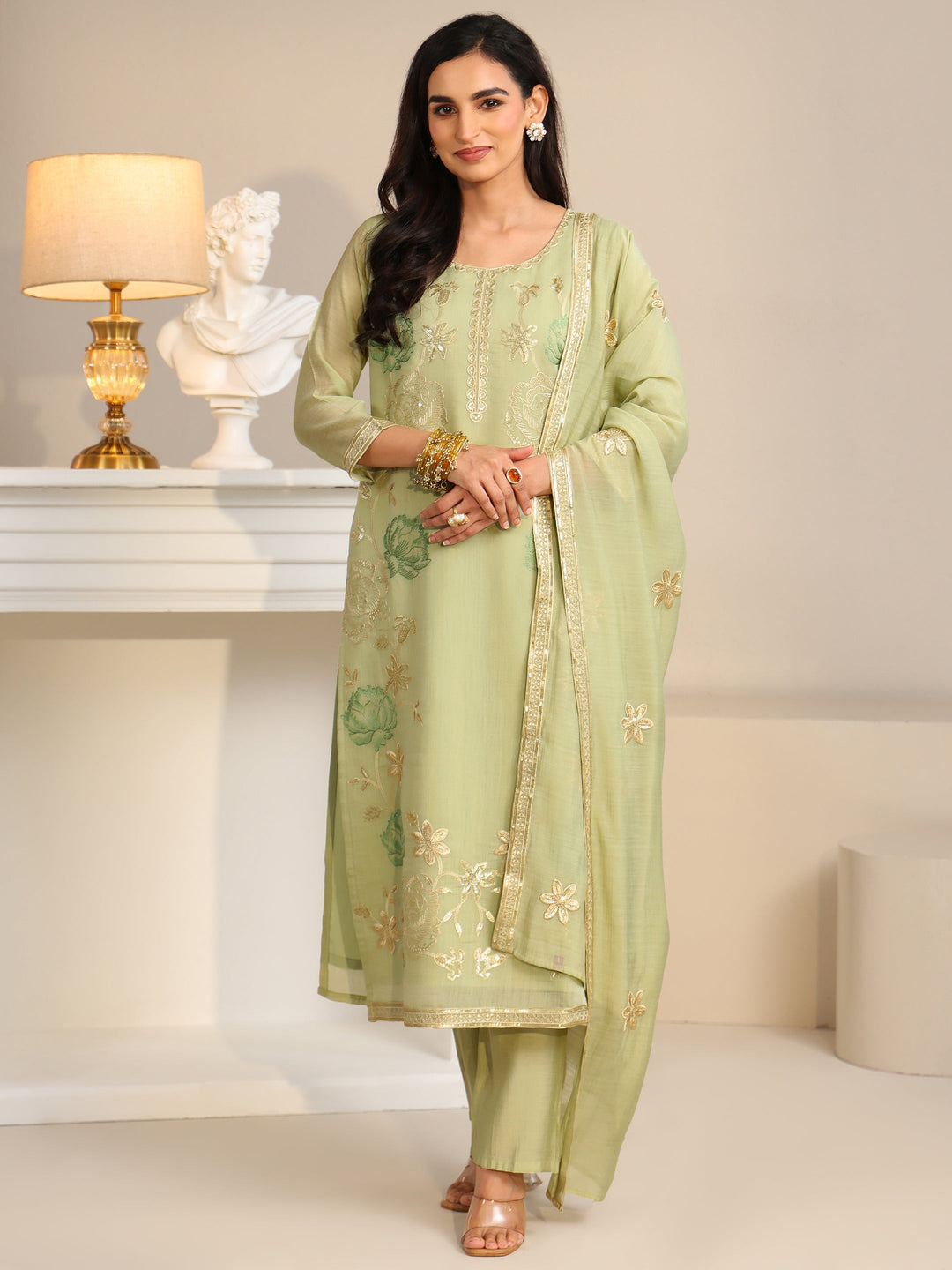 Libas Pista Green Floral Embroidered Silk Blend Straight Suit Set