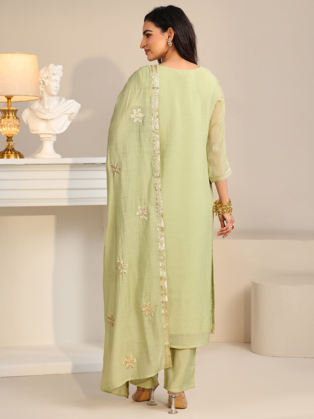 Libas Pista Green Floral Embroidered Silk Blend Straight Suit Set