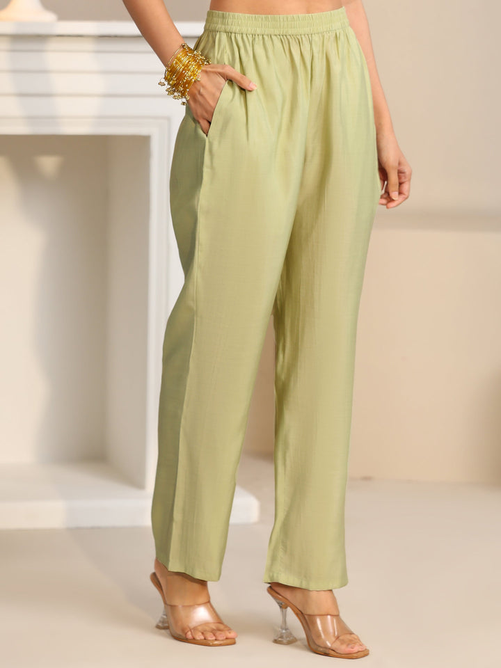 Libas Pista Green Floral Embroidered Silk Blend Straight Suit Set