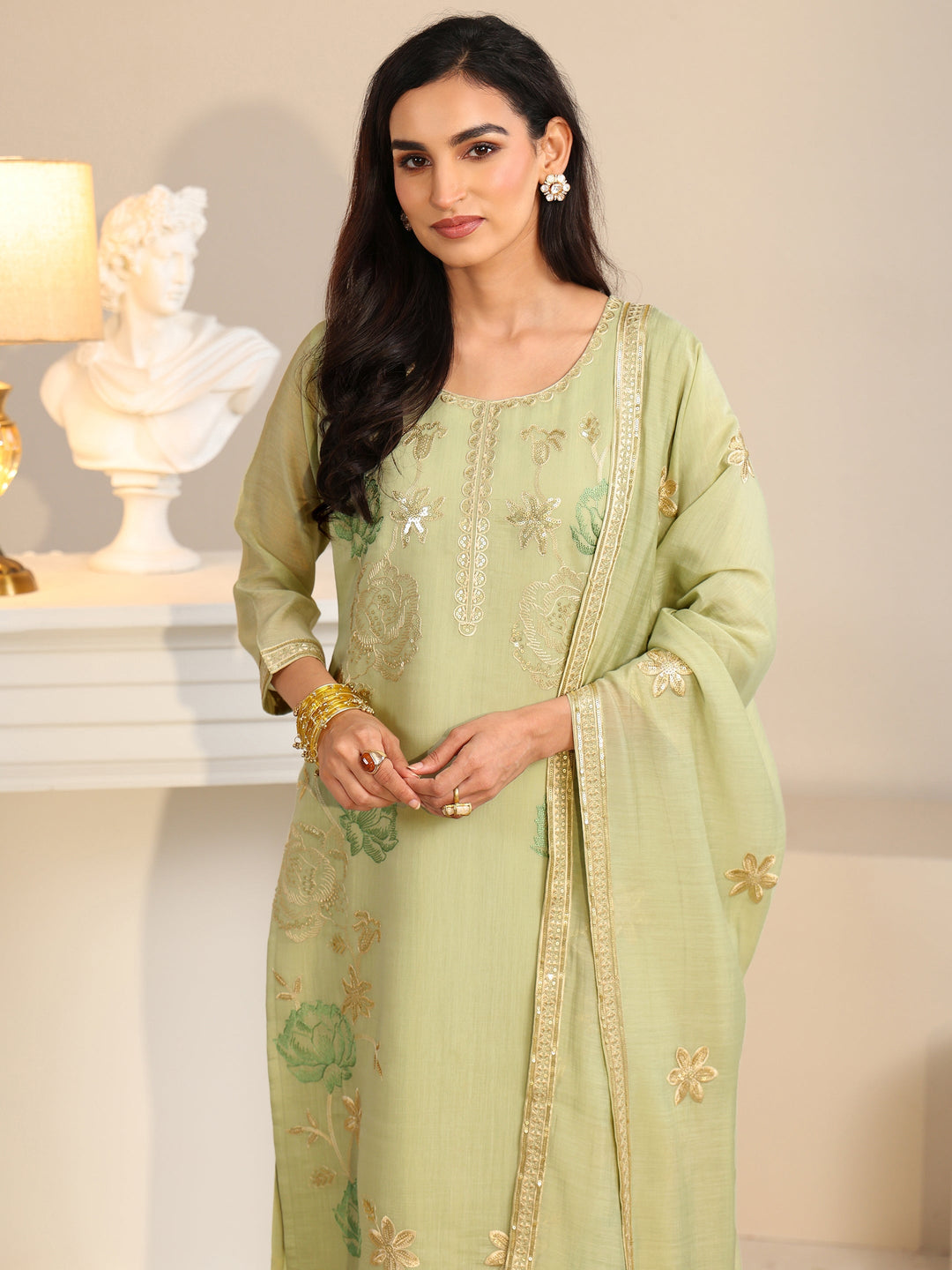 Libas Pista Green Floral Embroidered Silk Blend Straight Suit Set