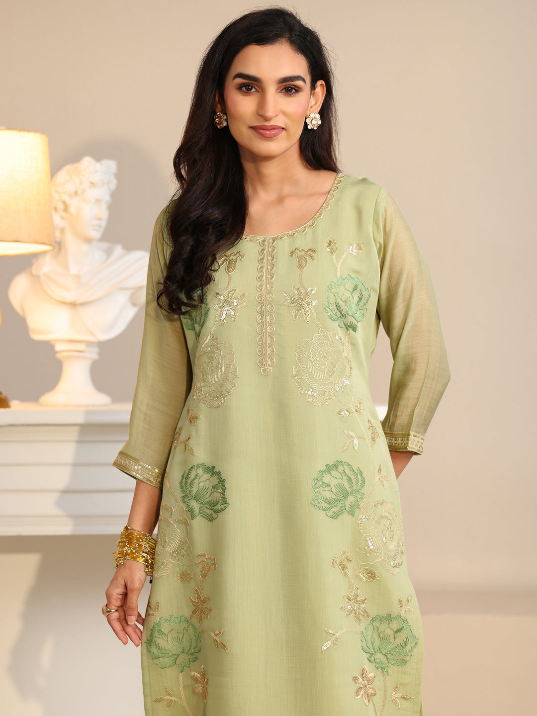 Libas Pista Green Floral Embroidered Silk Blend Straight Suit Set