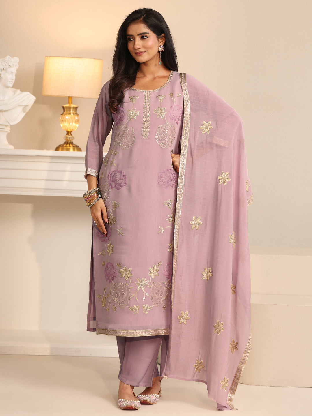 Libas Dusty Lilac Floral Embroidered Silk Blend Straight Suit Set