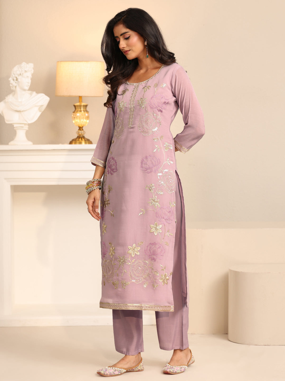 Libas Dusty Lilac Floral Embroidered Silk Blend Straight Suit Set