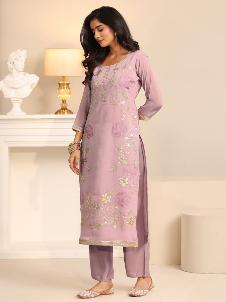 Libas Dusty Lilac Floral Embroidered Silk Blend Straight Suit Set