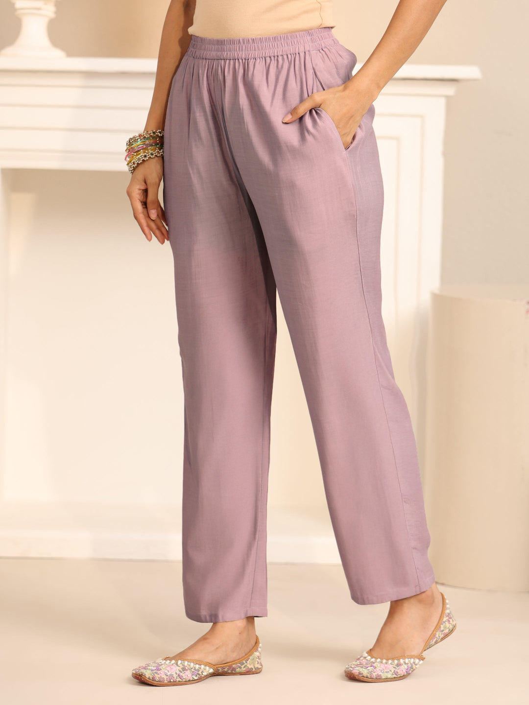 Libas Dusty Lilac Floral Embroidered Silk Blend Straight Suit Set