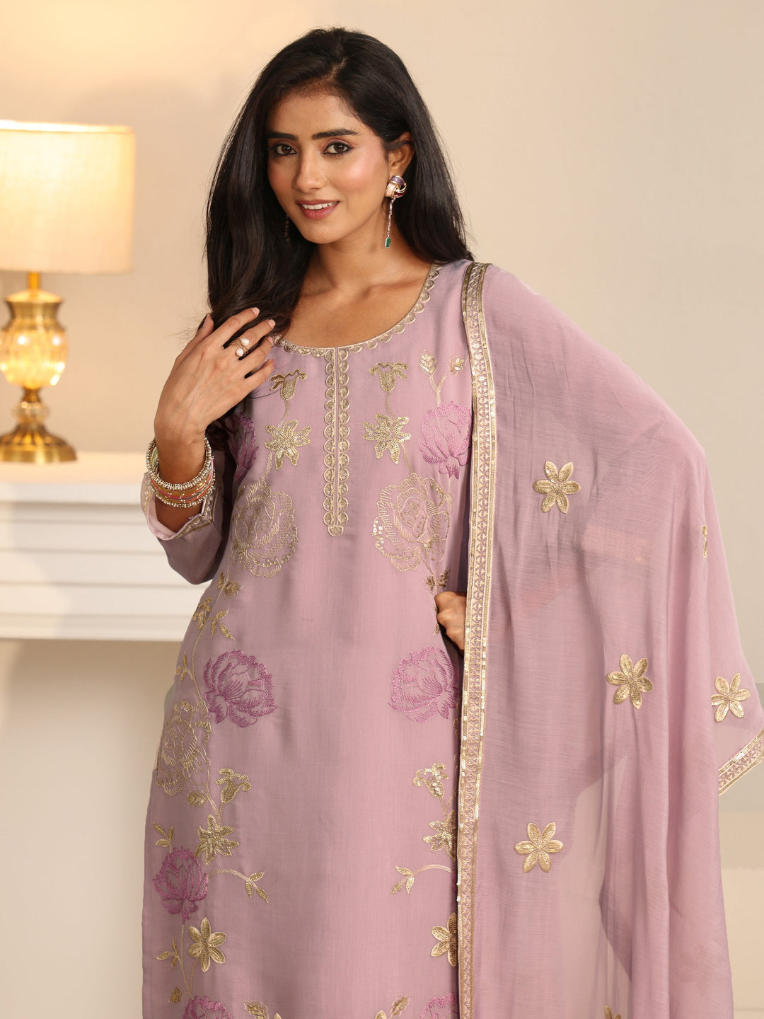 Libas Dusty Lilac Floral Embroidered Silk Blend Straight Suit Set