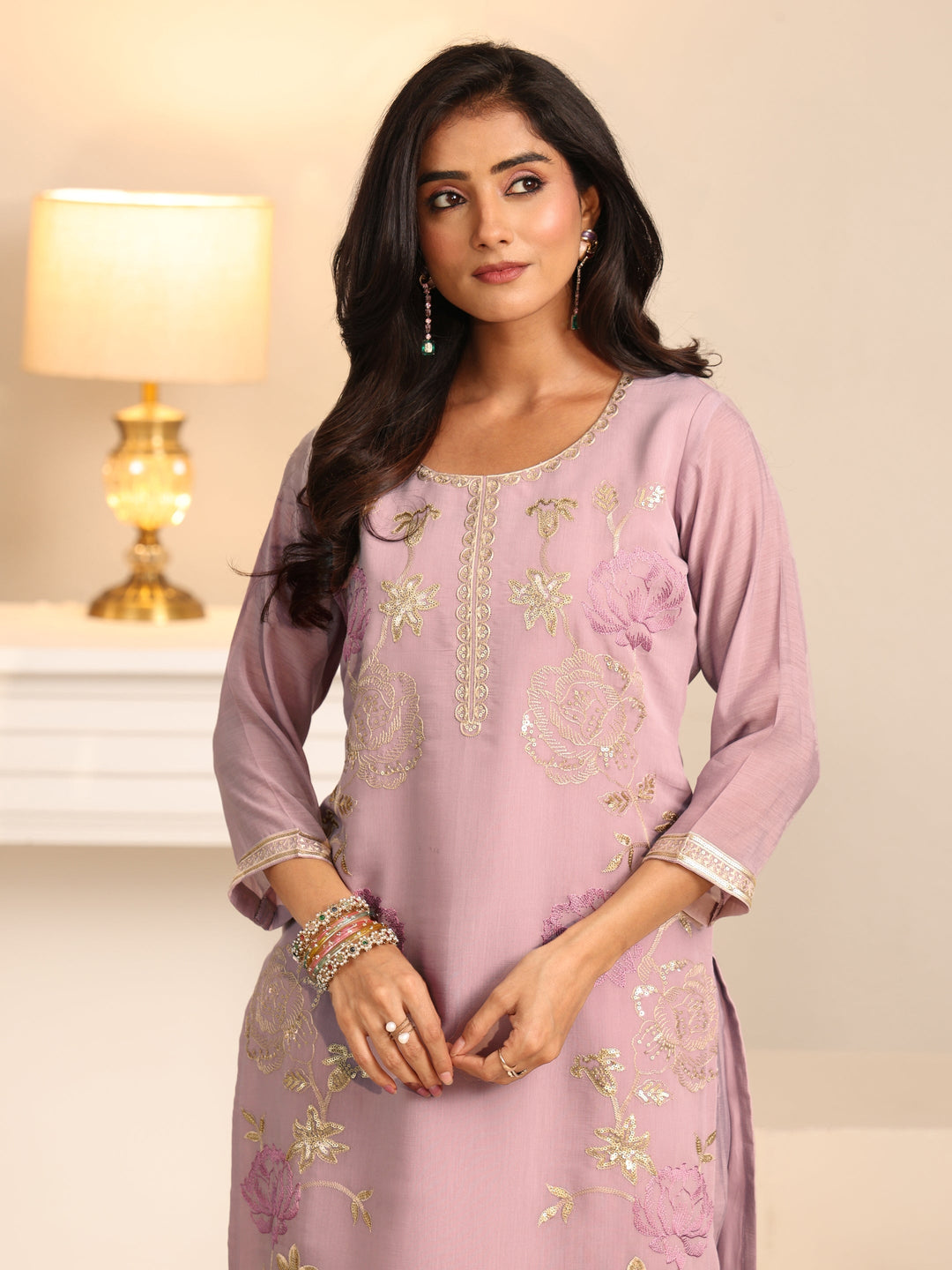 Libas Dusty Lilac Floral Embroidered Silk Blend Straight Suit Set