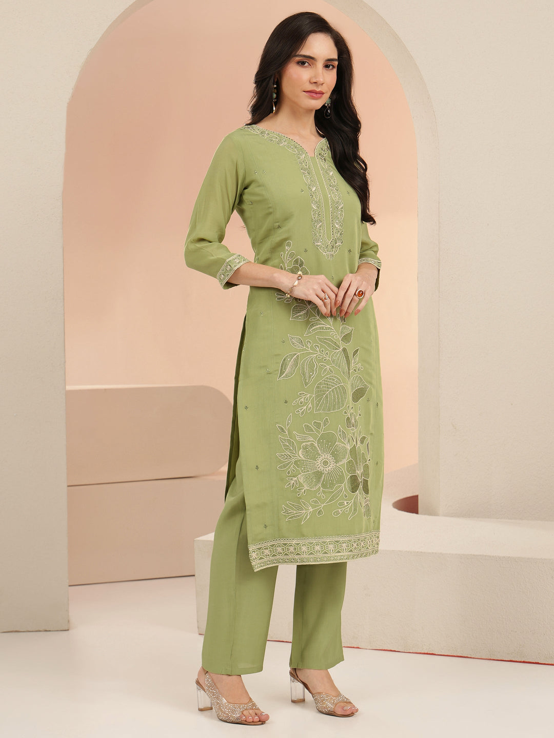 Libas Pista Green Floral Embroidered Silk Blend Straight Suit Set