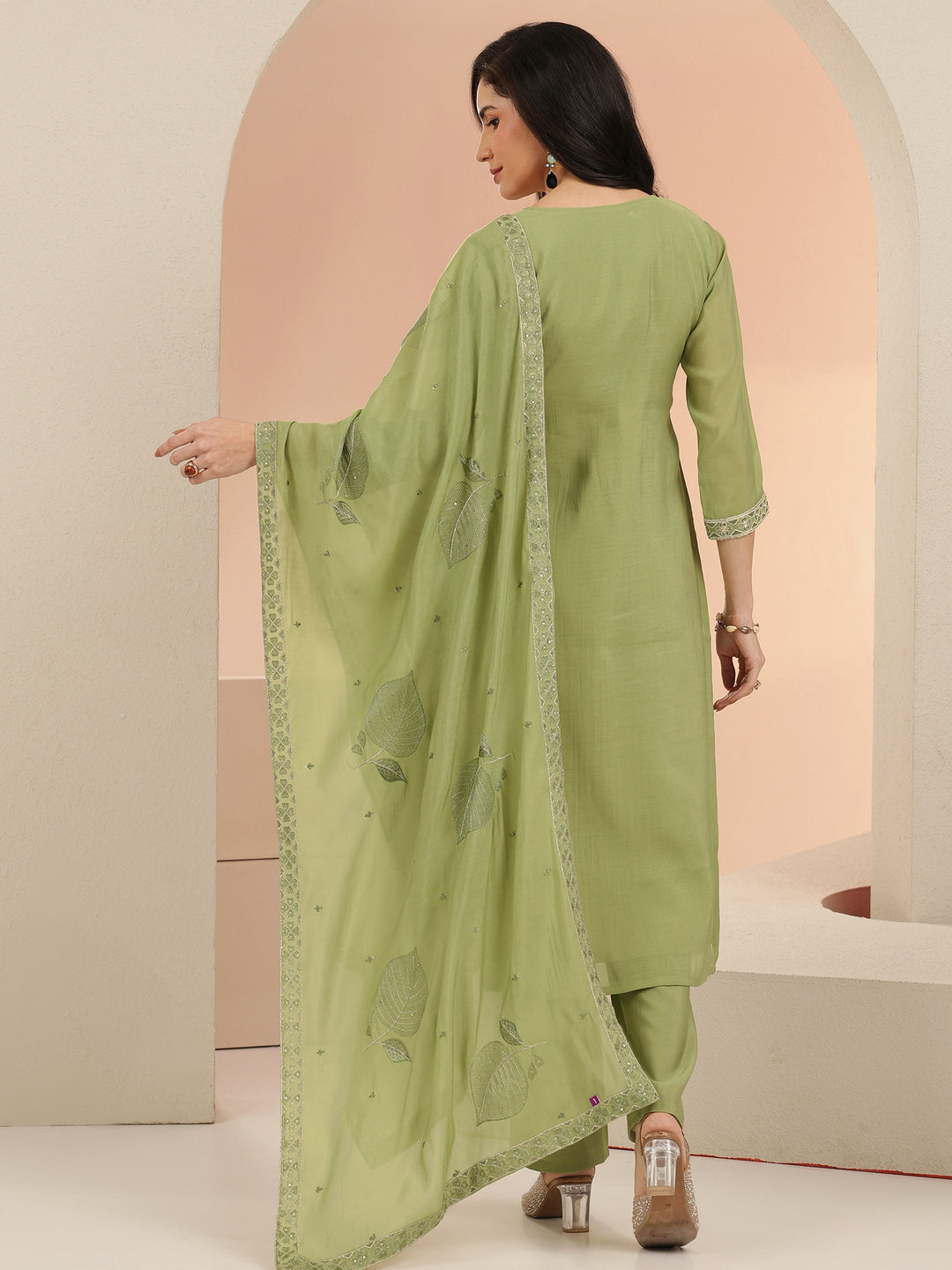 Libas Pista Green Floral Embroidered Silk Blend Straight Suit Set
