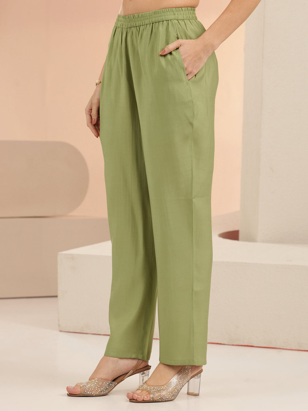 Libas Pista Green Floral Embroidered Silk Blend Straight Suit Set